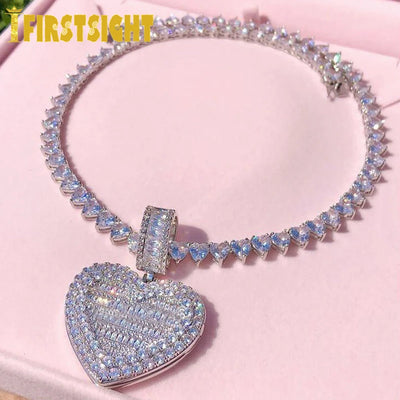 Eiskalter Bling aufklappbarer herzförmiger Foto-Anhänger Halskette Herzen Tennis Kette Zirkonia Mode Frauen Männer Schmuck