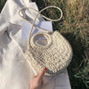 Straw Bag Women Hand-Woven Handbag Moon Shape Lace Bow Rattan Bag Big Capacity Drawstring Casual Beach Shoulder Crossbody Bag