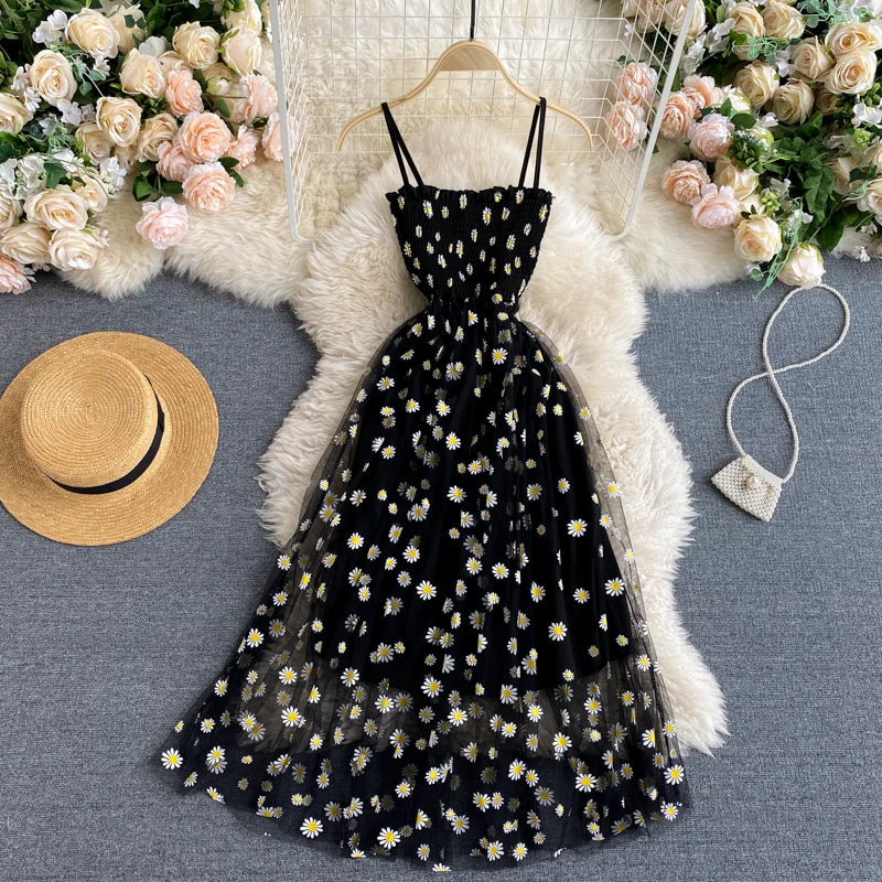 YuooMuoo Koreanische Mode Gänseblümchen Blumendruck Mesh Partykleid Sommer Zweilagiges Spaghettiträger Urlaub Midi Kleid Strandkleid