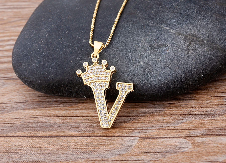 Nidin New Luxury Copper Zircon A-Z Crown Alphabet Pendant Chain Necklace Hip-Hop Style Fashion Woman Man Initial Name Jewelry