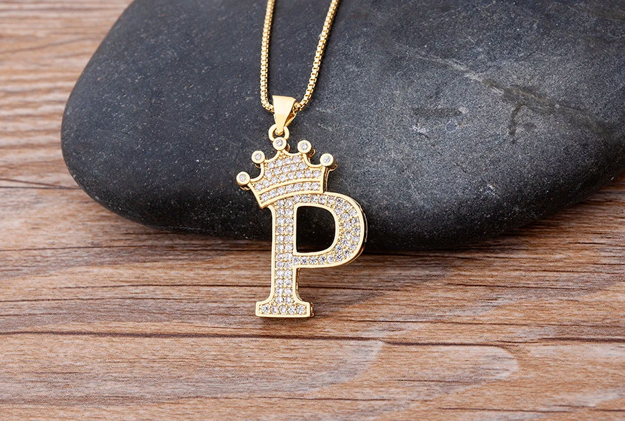 Nidin New Luxury Copper Zircon A-Z Crown Alphabet Pendant Chain Necklace Hip-Hop Style Fashion Woman Man Initial Name Jewelry