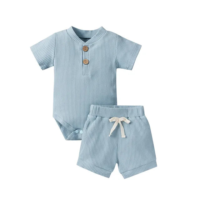2Pcs Unisex Baby Summer Outfits Suit Solid Color Ribbed Casual Short Sleeves Romper+Elastic Waist Shorts for Toddler Infant