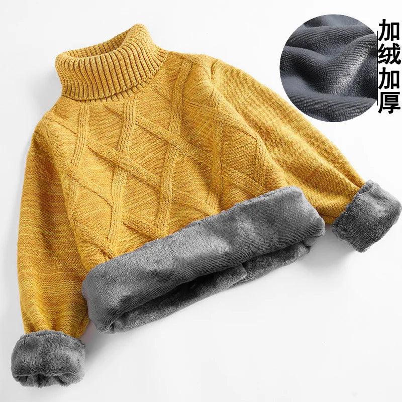boys Plus velvet Warm turtleneck sweater Pullovers plush inside Thicken sweaters girls Winter Autumn Knitted Loose jacket 2-10Y
