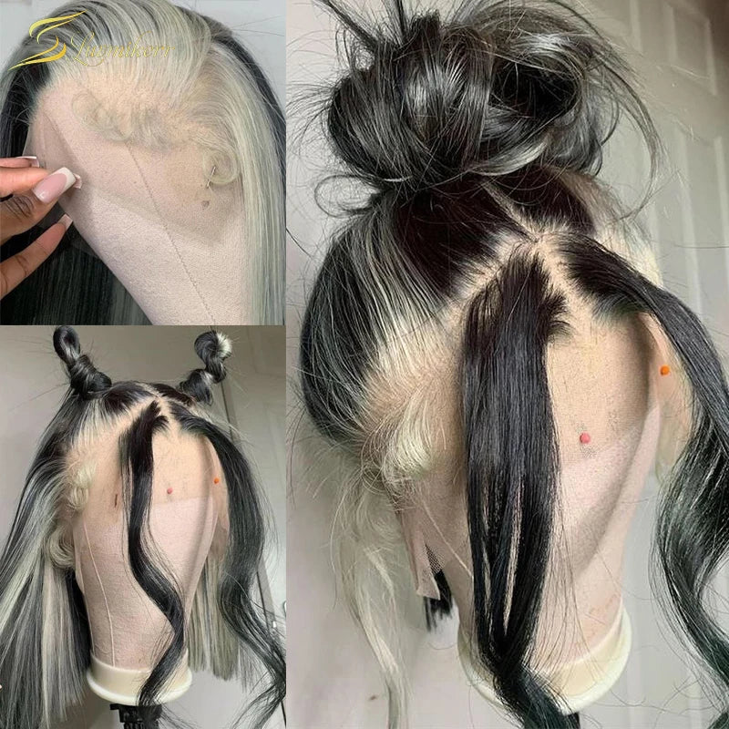 Highlights Schwarz und Weiß Perückenfarbe Vorgezupfter Haaransatz 613 Blonde Kurze Bob 13x4 Echthaar Lace Front Perücken HD Frontal Glatt