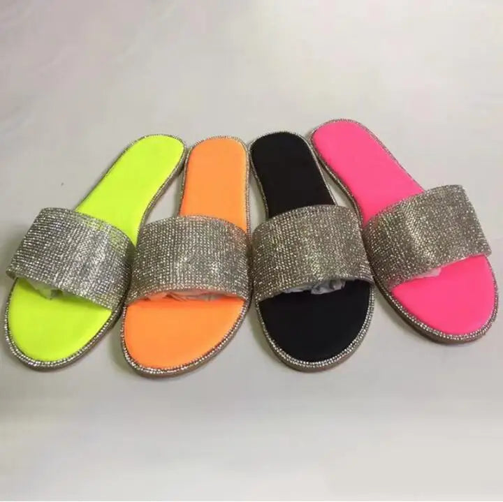 Glitter Slippers Women Summer Sandals 2023 Fashion Bling Female Candy Color Flip Flops Beach Diamond Flat Shoes Outdoor Sandals