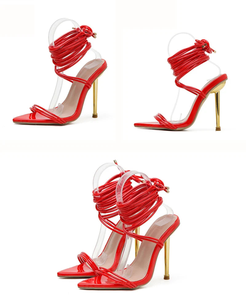 Sommer 12CM Gladiator High-Heel Sandalen für Damen Mode Spitze Offene Zehen Schnür-Stiletto Damen Riemchen-Hochzeitsschuhe Schwarz Rot