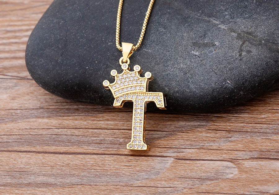 Nidin New Luxury Copper Zircon A-Z Crown Alphabet Pendant Chain Necklace Hip-Hop Style Fashion Woman Man Initial Name Jewelry