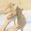 Damen Sommer Sandalen 8.5cm High Heels Strass Kristall Mittelhohe Absätze Knöchelriemchen Sandalen Damen Hochzeit Event Party Goldene Schuhe