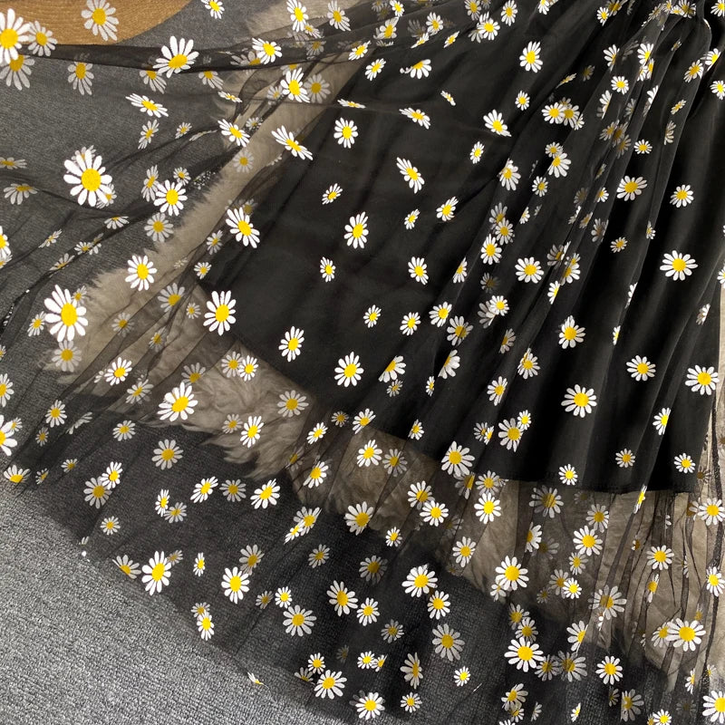 YuooMuoo Koreanische Mode Gänseblümchen Blumendruck Mesh Partykleid Sommer Zweilagiges Spaghettiträger Urlaub Midi Kleid Strandkleid