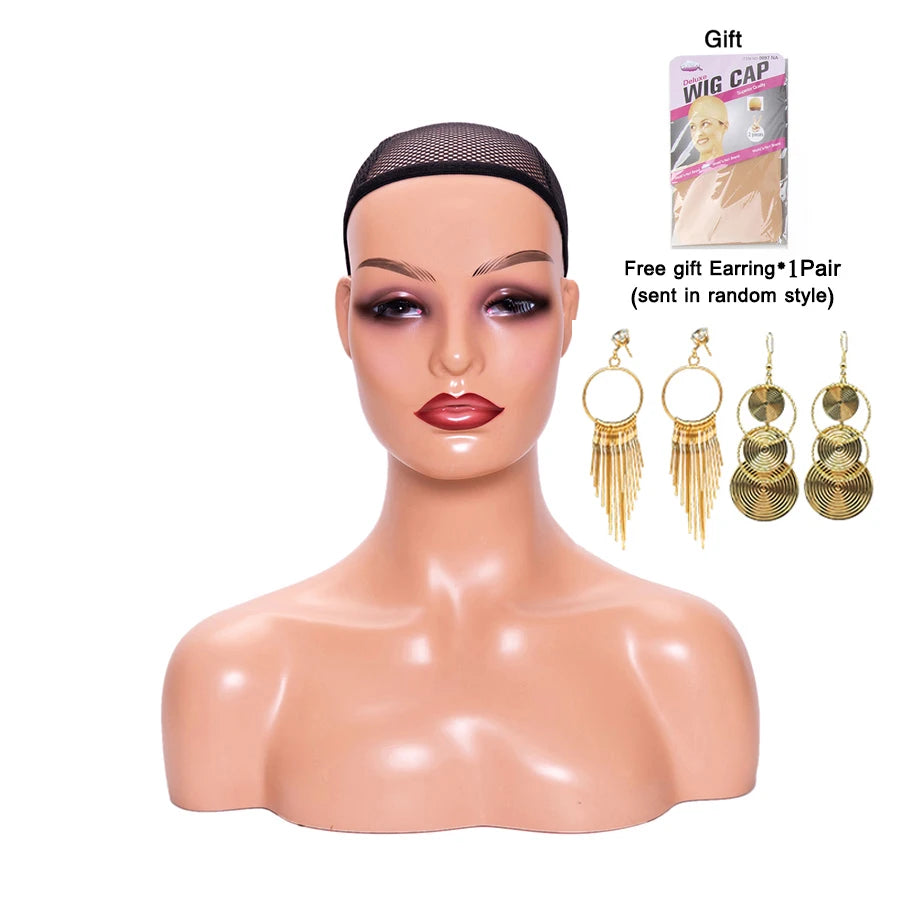Weibliche Schaufensterpuppenkopf mit Schulter Mannequin Kopf Büste Perückenkopf Ständer mit Make-up für Perücken Präsentation Halskette Kostenlose Ohrringe, Perückenkappe