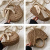 Straw Bag Women Hand-Woven Handbag Moon Shape Lace Bow Rattan Bag Big Capacity Drawstring Casual Beach Shoulder Crossbody Bag