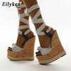 Eilyken Sommer Einfarbige Weiße Plateau Keilsandalen Damen Mode High Heels Knöchelriemen Offene Zehen Schuhe