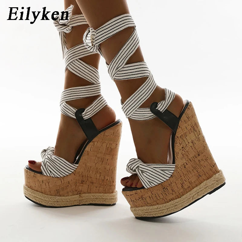 Eilyken Sommer Einfarbige Weiße Plateau Keilsandalen Damen Mode High Heels Knöchelriemen Offene Zehen Schuhe