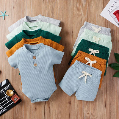 2Pcs Unisex Baby Summer Outfits Suit Solid Color Ribbed Casual Short Sleeves Romper+Elastic Waist Shorts for Toddler Infant