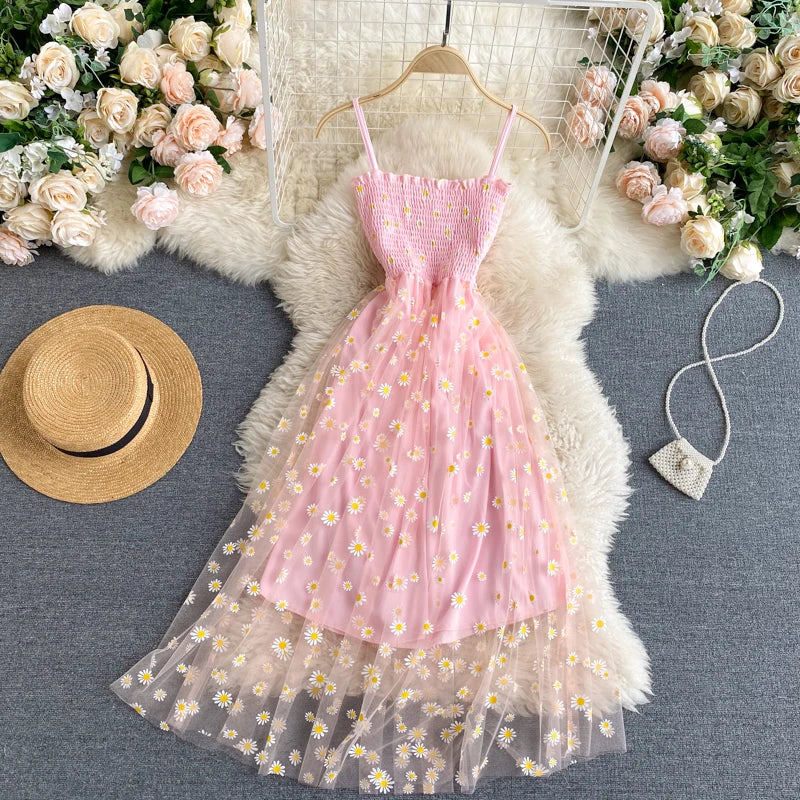 YuooMuoo Koreanische Mode Gänseblümchen Blumendruck Mesh Partykleid Sommer Zweilagiges Spaghettiträger Urlaub Midi Kleid Strandkleid
