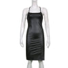 Women Sexy Suspender Mid-length Bodycon Dress Fashion Solid Color Leather Bandage Backless Skinny Split Dress For Female Mujer