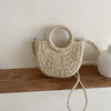 Straw Bag Women Hand-Woven Handbag Moon Shape Lace Bow Rattan Bag Big Capacity Drawstring Casual Beach Shoulder Crossbody Bag