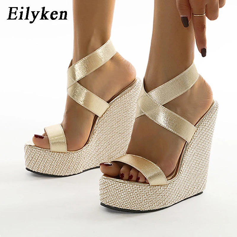 Eilyken Super High Peep Toe Gladiatoren-Wedges Sandalen Damen Bedeckte Ferse Plateau Mode Sommerschuhe Größe 35-42