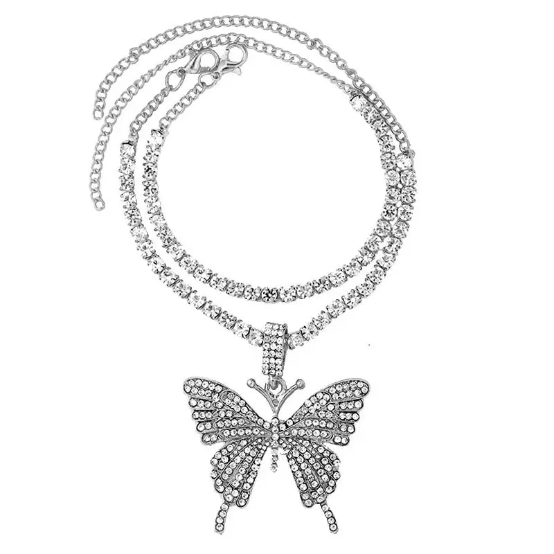 Vergoldete Kristall-Strass Schmetterling Anhänger Fußkettchen für Frauen, mehrschichtige große Strass Tennis-Kette Fußschmuck