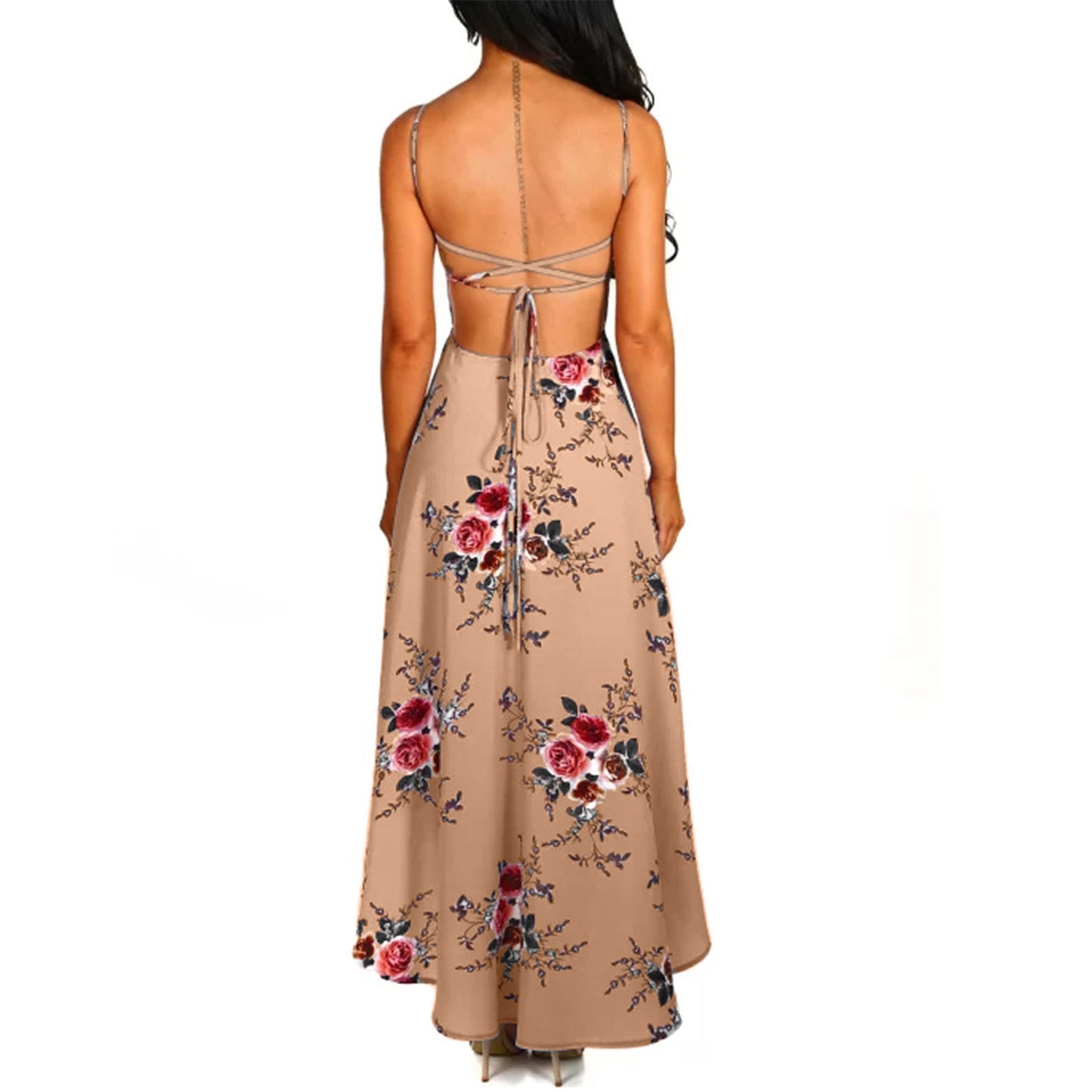Women Holiday Floral Print Long Dresses Summer Spaghetti Strap Beach Swing Party A Line Dress Sexy Backless Irregular Dress Robe