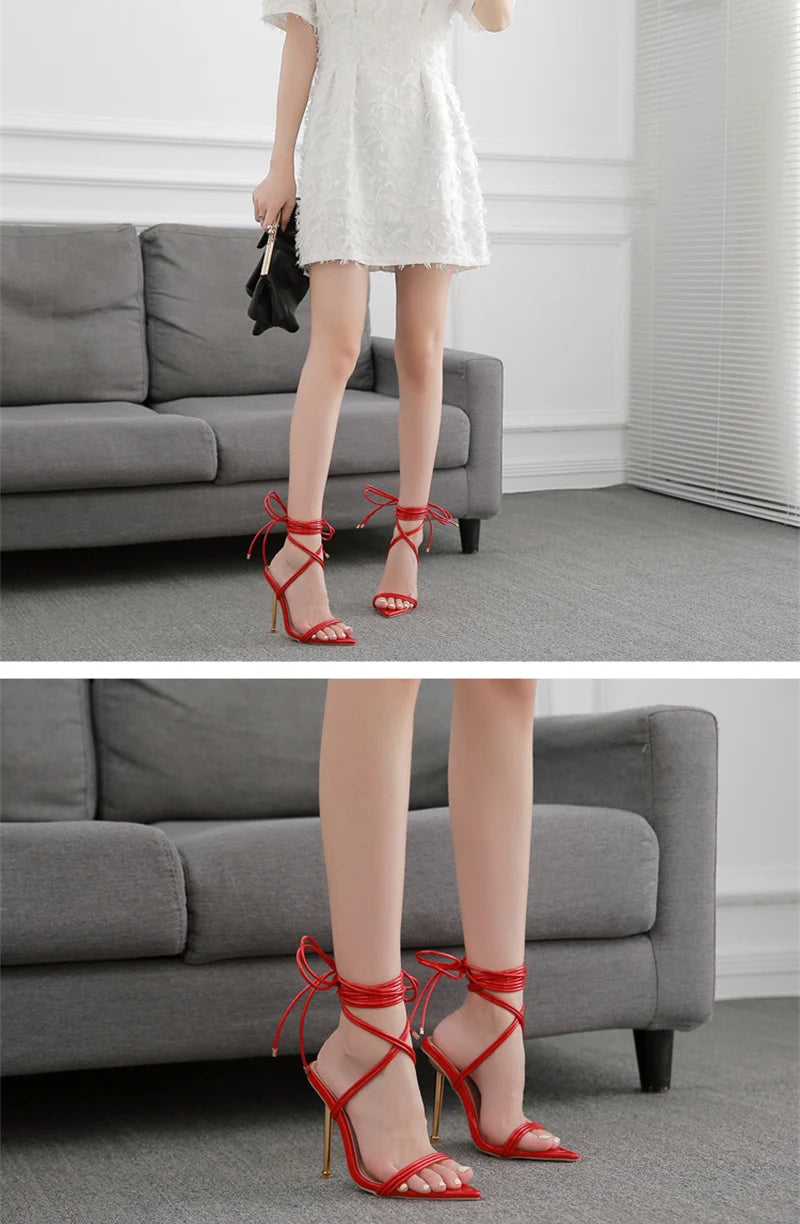 Sommer 12CM Gladiator High-Heel Sandalen für Damen Mode Spitze Offene Zehen Schnür-Stiletto Damen Riemchen-Hochzeitsschuhe Schwarz Rot