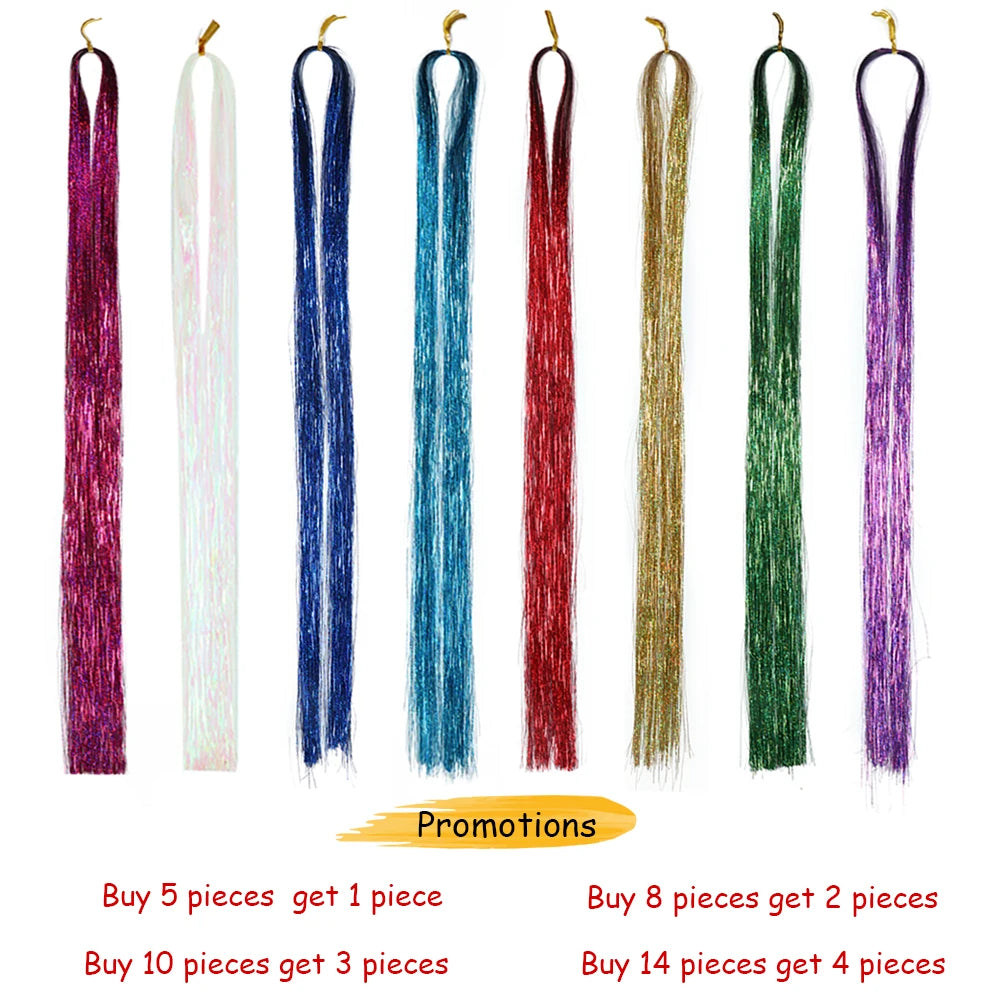 Shiny Sparkle Hair Tinsel 150PC/120cm Thin Colorful Rainbow Silk Hair Extensions Dazzles Women Hippie for Braiding Headdress