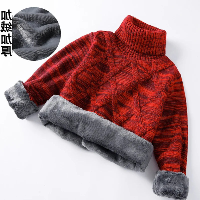boys Plus velvet Warm turtleneck sweater Pullovers plush inside Thicken sweaters girls Winter Autumn Knitted Loose jacket 2-10Y