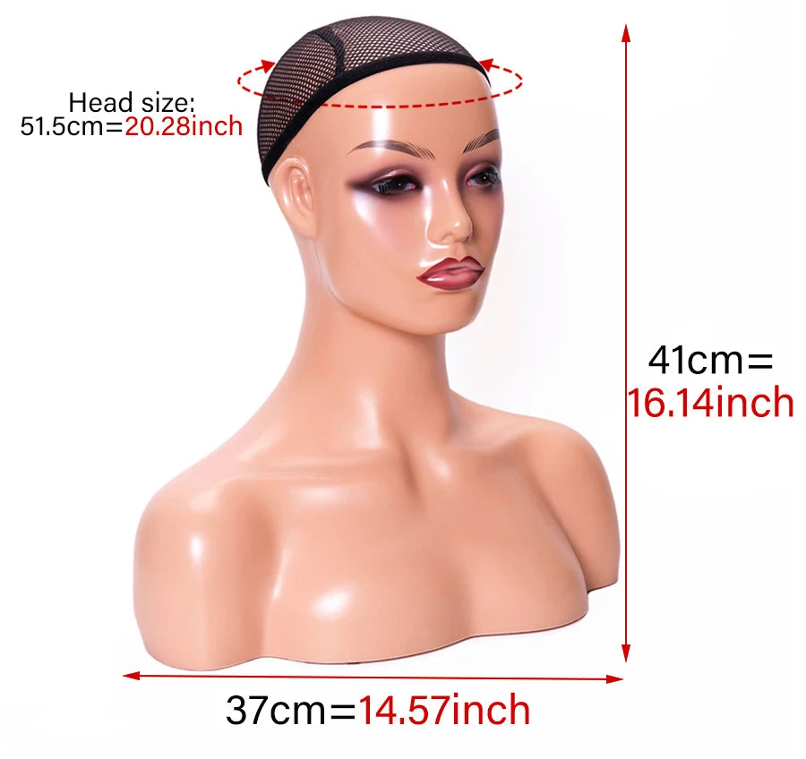 Weibliche Schaufensterpuppenkopf mit Schulter Mannequin Kopf Büste Perückenkopf Ständer mit Make-up für Perücken Präsentation Halskette Kostenlose Ohrringe, Perückenkappe