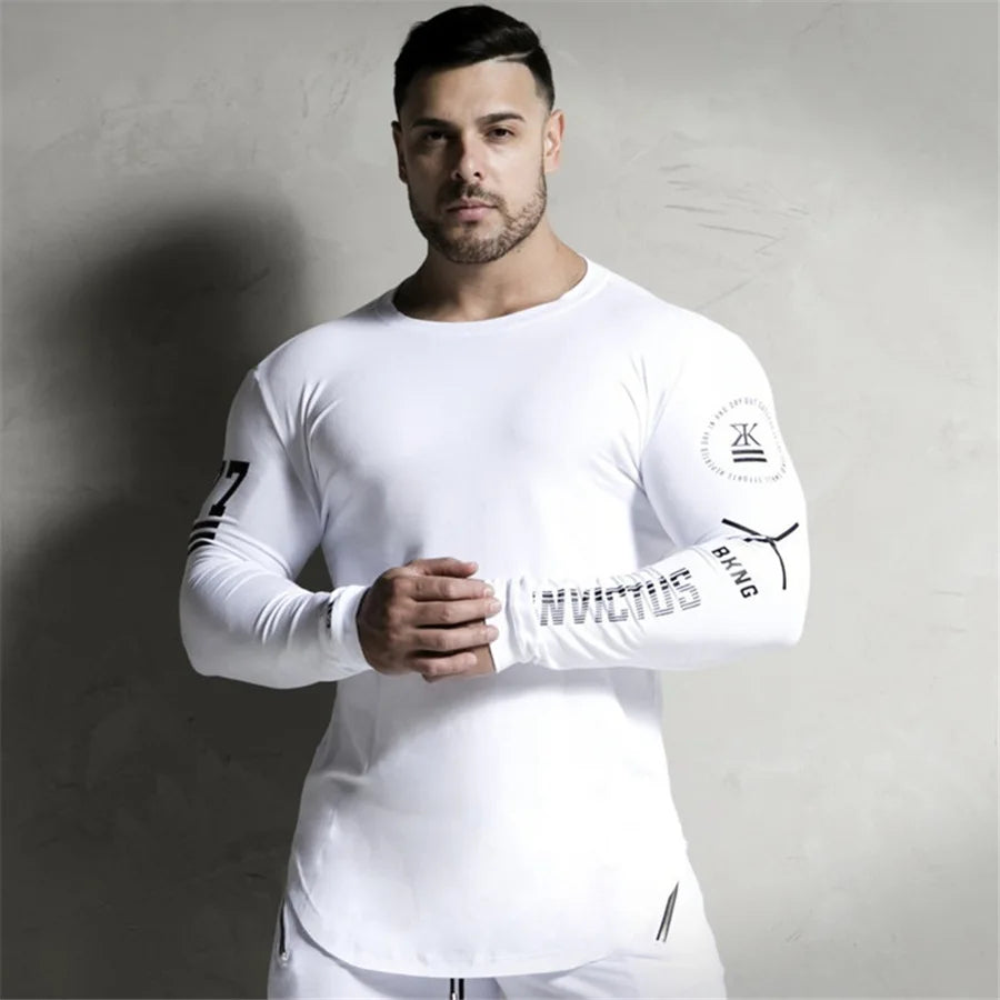 Men Bodybuilding Long Sleeve Shirt Male Casual Fashion Skinny T-Shirt Gym Fitness Workout Tees Tops Running Quick Dry Clothing