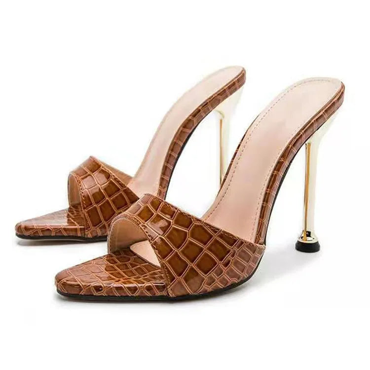 Damen Slipper Schlangenmuster Riemchen High Heels Slipper Sandalen Spitz zulaufende Zehen Slides Pumps Schuhe für Damen Frauen Sommer