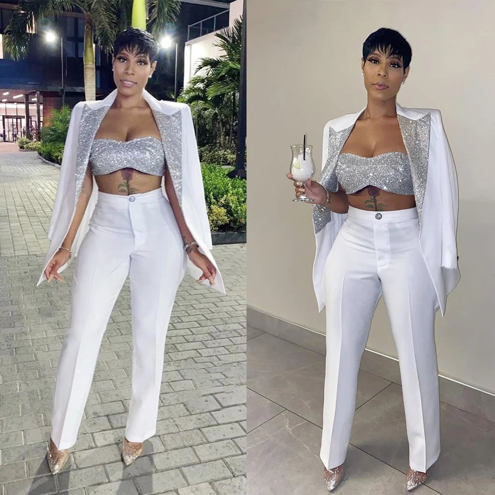 White Silver Customized Suits For Wedding Sequins Mother of the Bride Pants Suit Evening Party Tuxedos Formal Wear 2 Pieces