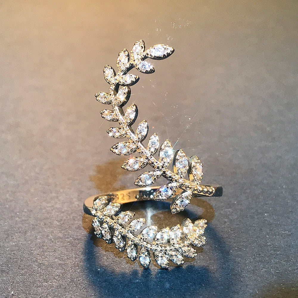 Huitan Graceful Leaves Both End of Open Ring Silver Color Cocktail Party Rings Shine Crystal Zircon Fashion Women Jewelry