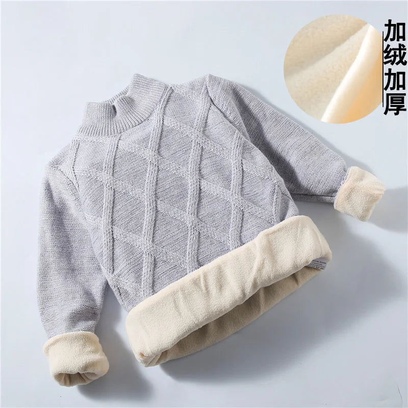 boys Plus velvet Warm turtleneck sweater Pullovers plush inside Thicken sweaters girls Winter Autumn Knitted Loose jacket 2-10Y