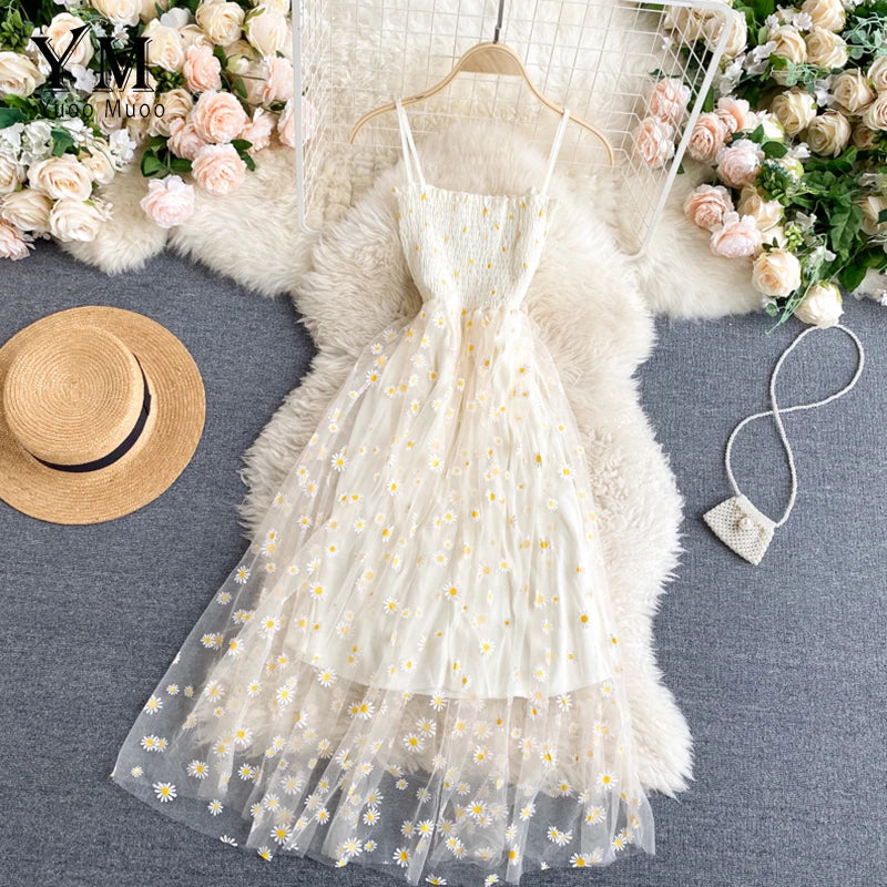 YuooMuoo Koreanische Mode Gänseblümchen Blumendruck Mesh Partykleid Sommer Zweilagiges Spaghettiträger Urlaub Midi Kleid Strandkleid