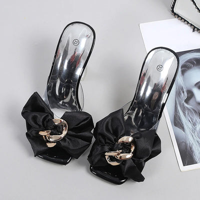 Transparente Damen-Pantoletten 2025 Sommer Mode Rosa Schmetterlingsknoten Designer-Sandalen Klare Absätze Größe 46 Damenschuhe