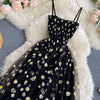 YuooMuoo Koreanische Mode Gänseblümchen Blumendruck Mesh Partykleid Sommer Zweilagiges Spaghettiträger Urlaub Midi Kleid Strandkleid