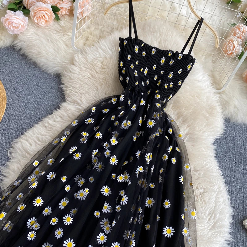 YuooMuoo Koreanische Mode Gänseblümchen Blumendruck Mesh Partykleid Sommer Zweilagiges Spaghettiträger Urlaub Midi Kleid Strandkleid