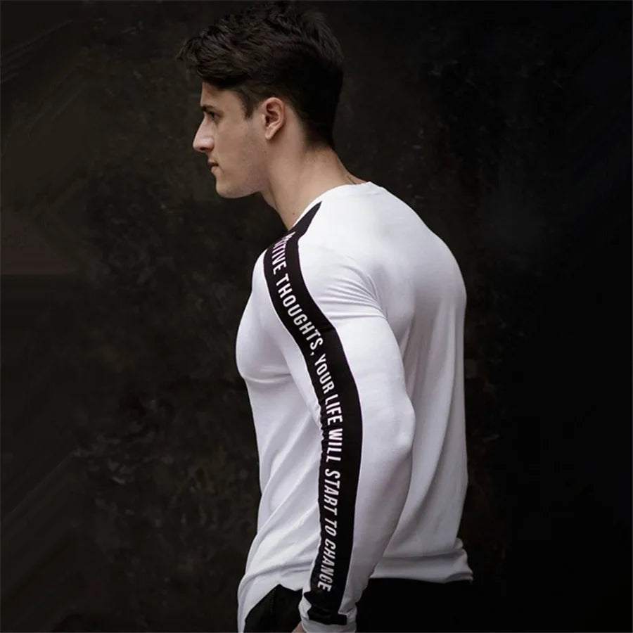 Men Bodybuilding Long Sleeve Shirt Male Casual Fashion Skinny T-Shirt Gym Fitness Workout Tees Tops Running Quick Dry Clothing