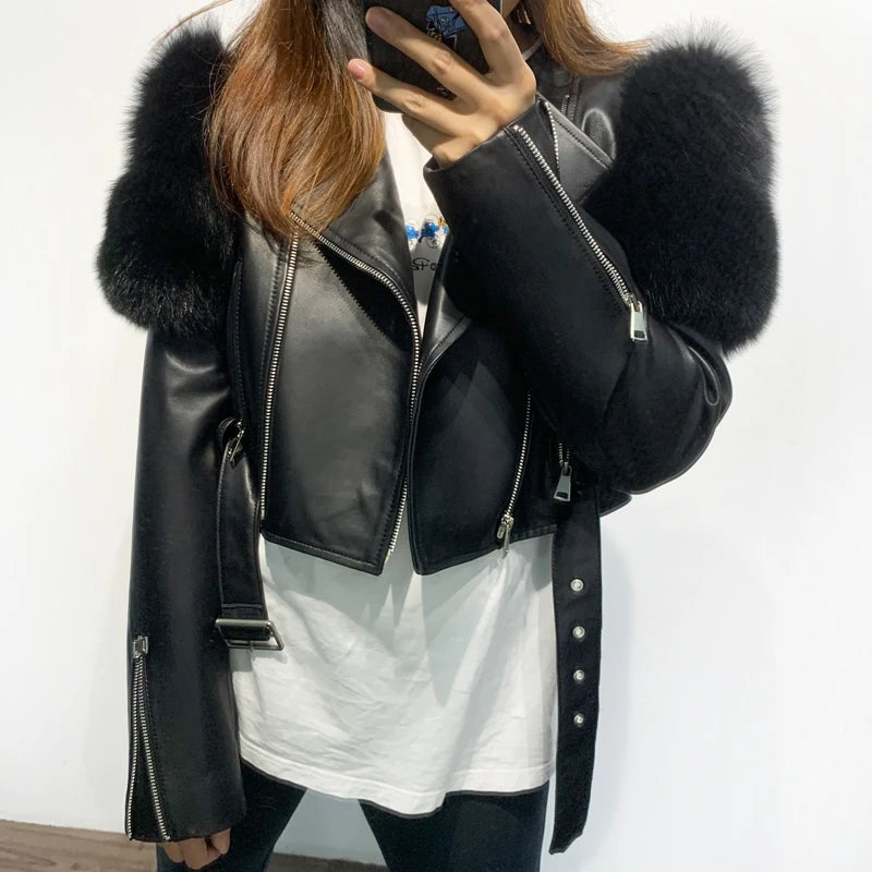 GO BALLISTIC YA Women Leather Jacket With Fur Sleeve Fashion Ladies Crop Jacket