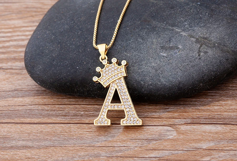 Nidin New Luxury Copper Zircon A-Z Crown Alphabet Pendant Chain Necklace Hip-Hop Style Fashion Woman Man Initial Name Jewelry