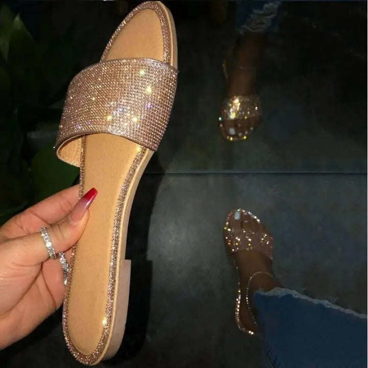 Glitter Slippers Women Summer Sandals 2023 Fashion Bling Female Candy Color Flip Flops Beach Diamond Flat Shoes Outdoor Sandals