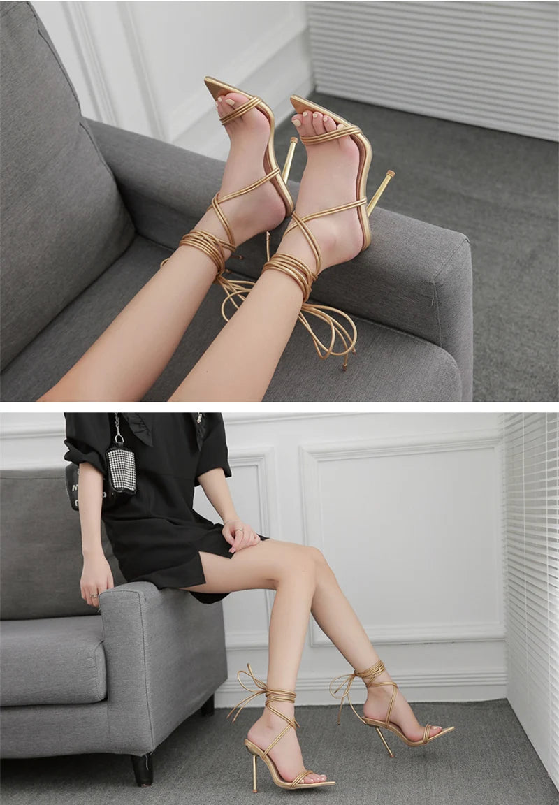 Sommer 12CM Gladiator High-Heel Sandalen für Damen Mode Spitze Offene Zehen Schnür-Stiletto Damen Riemchen-Hochzeitsschuhe Schwarz Rot