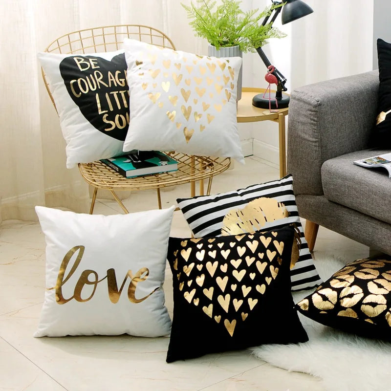Liebe Schwarz-Weiß-Bräunungs-Kissen Zierkissen Goldfolie Geometrischer Kissenbezug Wohnkultur Sofa Wurfkissen 17*17 Zoll