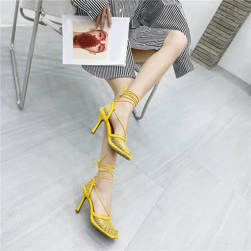 Eilyken Sexy Mesh Pumps Sandals Female Square Toe High Heel Lace Up Cross-Tied Stiletto Hollow Dress Shoes Zapatos Mujer