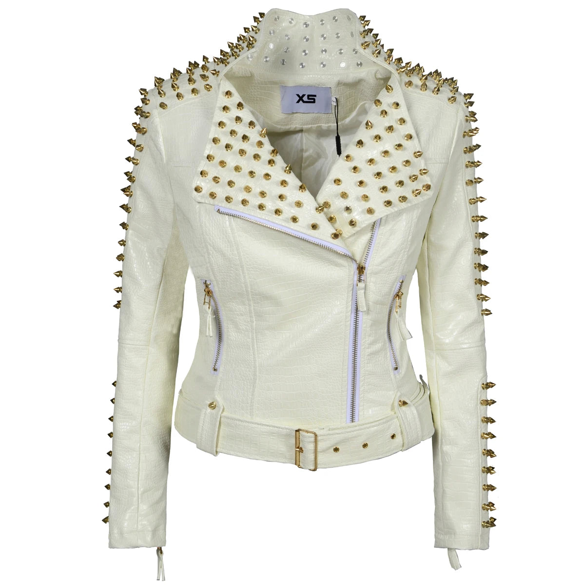 SX Occident Fashion women Club hot style Stud slim fit jacket shoulder rivets zip stitching short PU leather rock coat