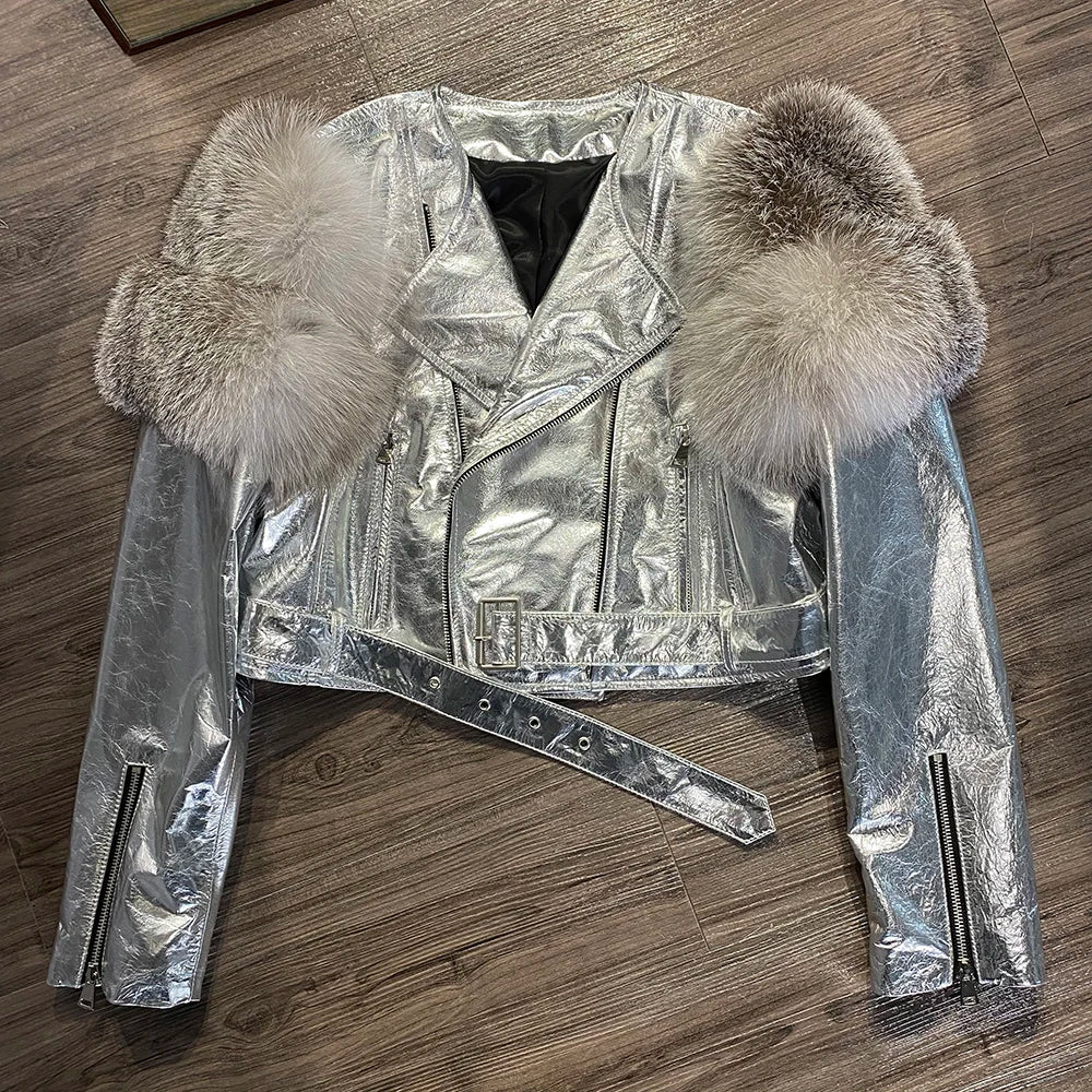 GO BALLISTIC YA Women Leather Jacket With Fur Sleeve Fashion Ladies Crop Jacket