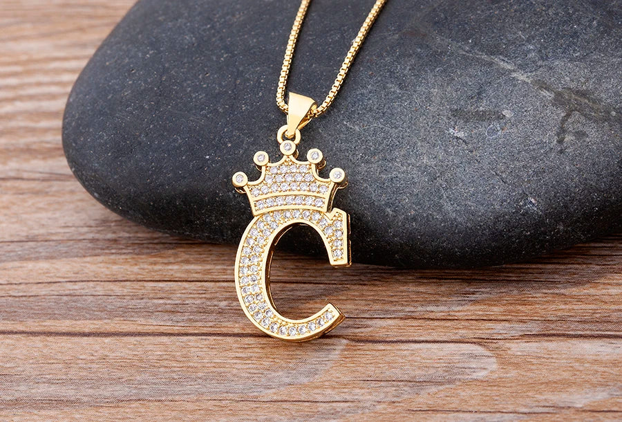 Nidin New Luxury Copper Zircon A-Z Crown Alphabet Pendant Chain Necklace Hip-Hop Style Fashion Woman Man Initial Name Jewelry