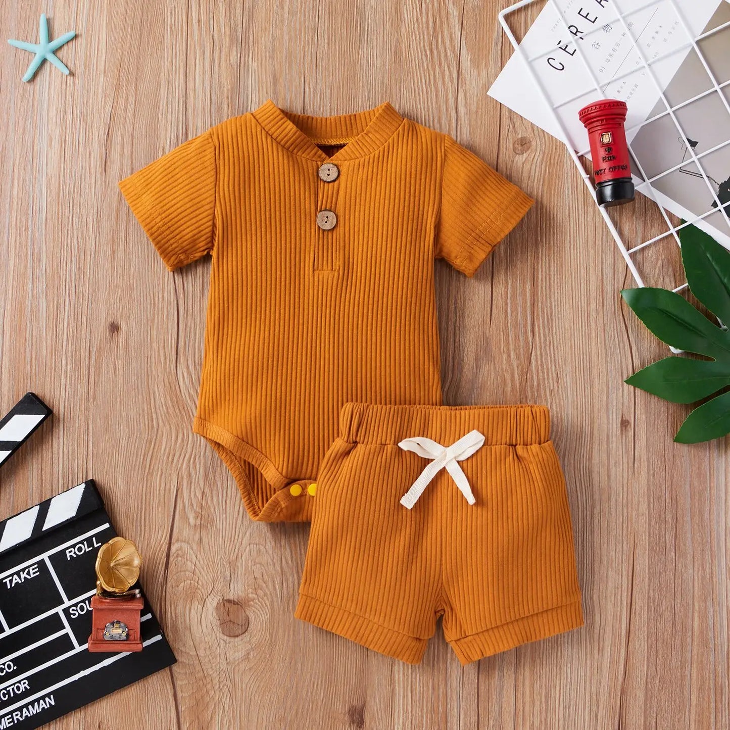 2Pcs Unisex Baby Summer Outfits Suit Solid Color Ribbed Casual Short Sleeves Romper+Elastic Waist Shorts for Toddler Infant
