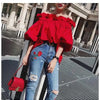Women Korean Ruffles Off Shoulder Tee Top Puffy Sleeves Red Chiffon Blouse Female Oversize Casual Shirt Lady Chic New