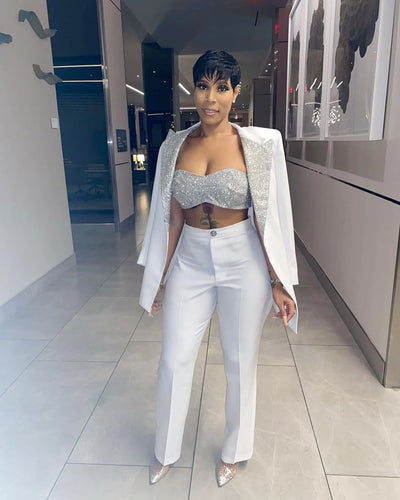 White Silver Customized Suits For Wedding Sequins Mother of the Bride Pants Suit Evening Party Tuxedos Formal Wear 2 Pieces